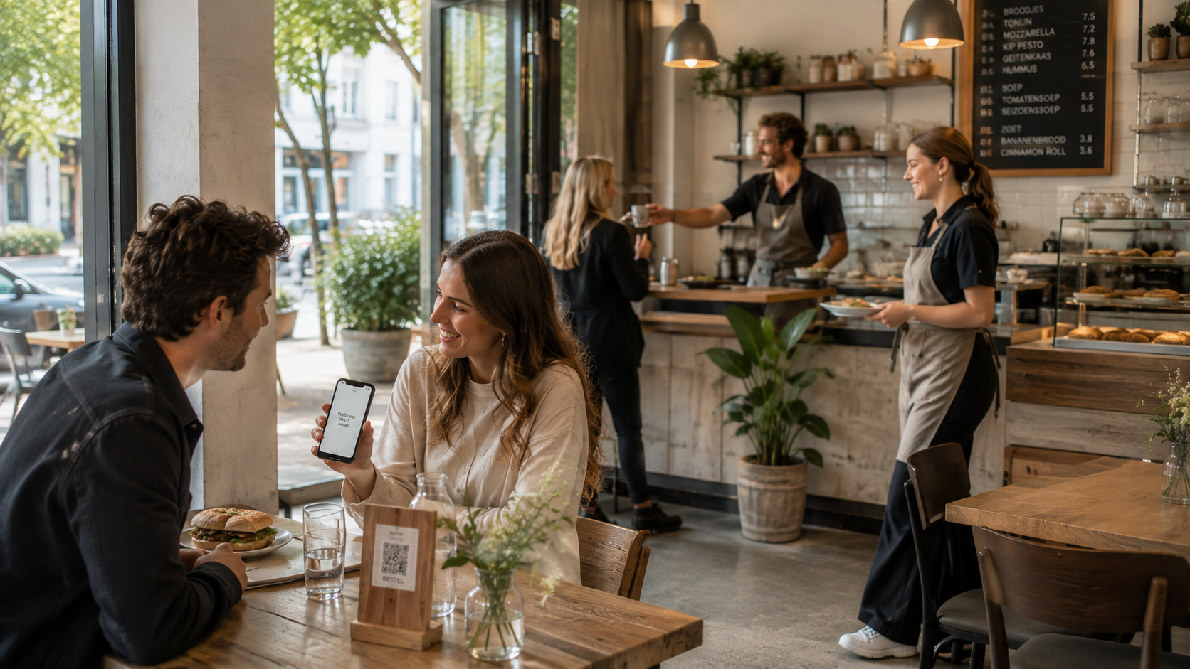 Gast ziet aan tafel een persoonlijke welkomstgroet op haar telefoon